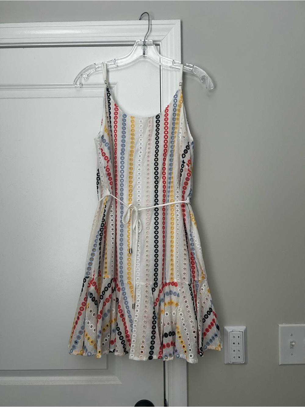 entro White Eyelet Mini Dress with Red, Yellow, Blue, and Black Stripes